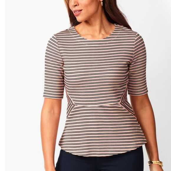 Talbot's Peplum Short Sleeve Striped Full Back Zipper Top Women's Size Large - Picture 1 of 16